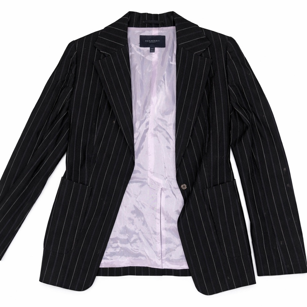 Burberry London Black Pinstripe Wool Blazer Purple Lining (Flaw)